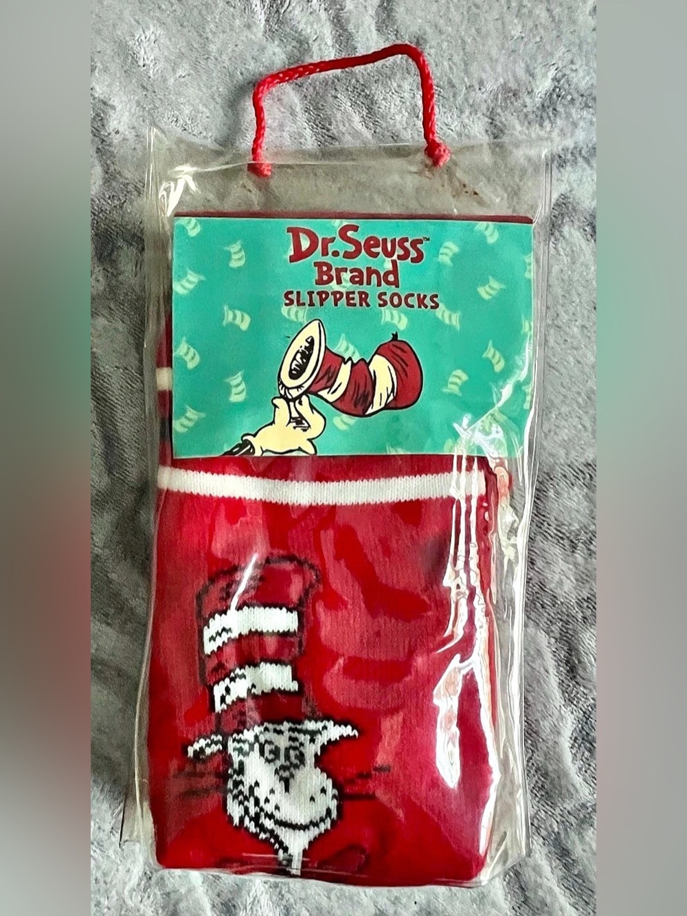 Vintage Dr. Seuss Cat in the Hat Red Slipper Socks NWT Gripper Soles